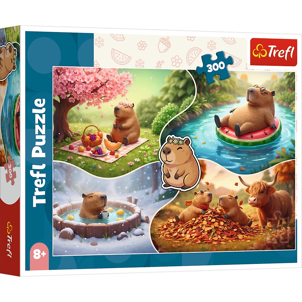 trefl puzzle 300 el Cztery pory roku z kapibarami 23052, zabawki Nino Bochnia, pomysł na prezent dla 8 latki, puzzle z Kabibarą, kapibara puzzle dla 8 latki