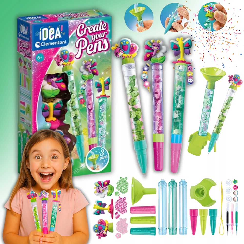 Clementoni Mini Fabryka długopisów Motylki zestaw do robienia długopisów motylki, zabawki Nino Bochnia, pomysł na prezent dla 6 latka, zestaw kreatywny dla dziewczynki, stwórz własne długopisy