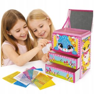 Toys Inn Szkatułka kotek mozaika do samodzielnego ozdabiania, zabawki Nino Bochnia, pomysł na prezent dla 6 latki, szkatułka na biżuterię do ozdabiania, mozaika do wyklejania, zestaw DIY dla dziewczynki